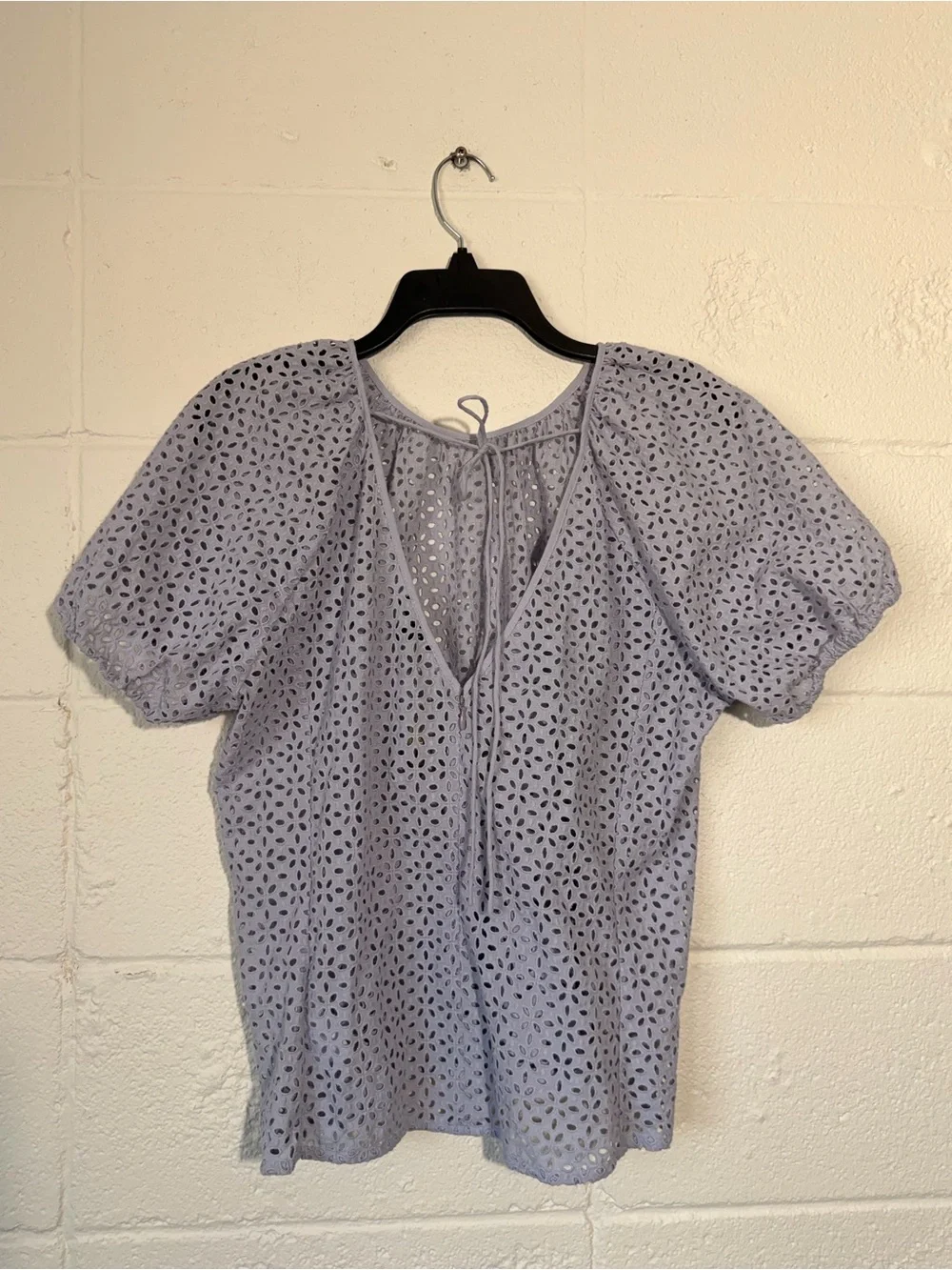 J. Crew Lavender Eyelet Puff-Sleeve Blouse with Back Tie